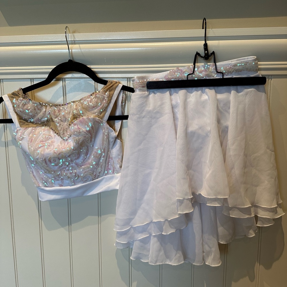 Handmade Child Medium 2 Piece White with Gold with Sequins Dance Set